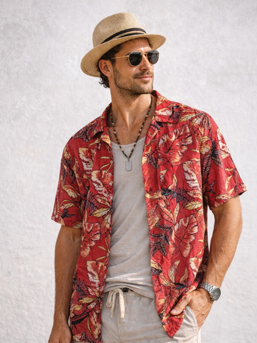 Joe Marlin Hawaiian Shirt Mens‎ XXL Red Tropical Floral Camp Aloha Cotton Rayon